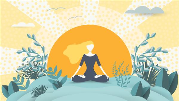 معنوی درمانی برای بدن و ذهن با تصویر برداری هارمونی یوگا تندرستی و سلامتی در طبیعت دختر آرام روانی در پس زمینه خورشید تعادل و آرامش ذهن و بدن