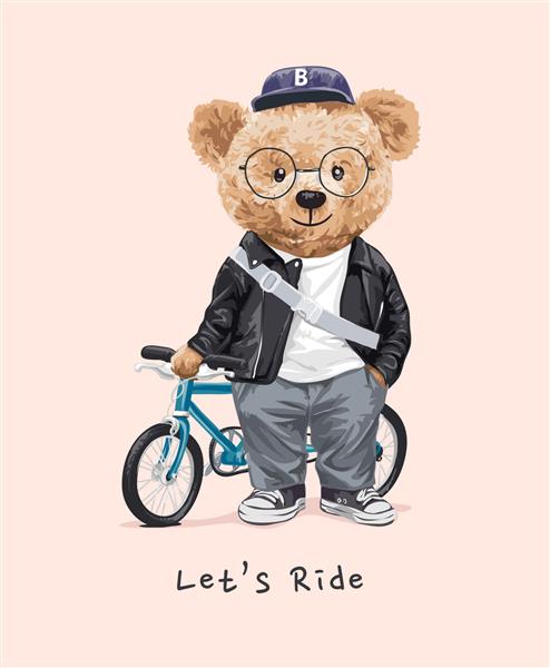 بیایید سوار شعار با عروسک خرس و تصویر دوچرخه