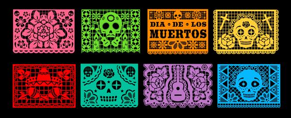 مجموعه وکتور Dia de los Muertos papel picado مربوط به روز مردگان مکزیکی یا تعطیلات هالووین پرچم های کاغذ برش حلقه حلقه ای با الگوی جمجمه سومبررو ماراکا گیتار و گل همیشه بهار