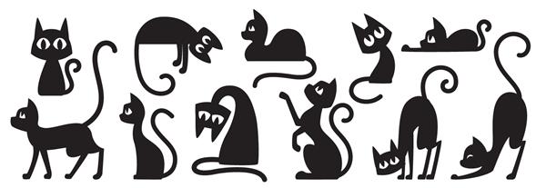 سیلوئت گربه های سیاه برای هالووین و غیره اشکال گربه جدا شده در پس زمینه سفید وکتور سهام