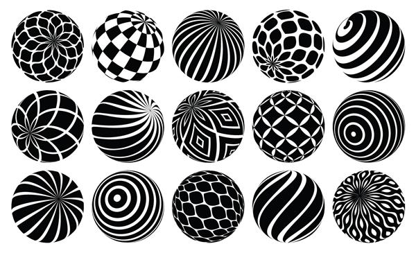 مجموعه تصاویر وکتور کره های تزئین شده توپ های زیبای انتزاعی با الگوها مجموعه مفهومی طراحی کره های سه بعدی سیاه و سفید تک رنگ مفید برای لوگوها