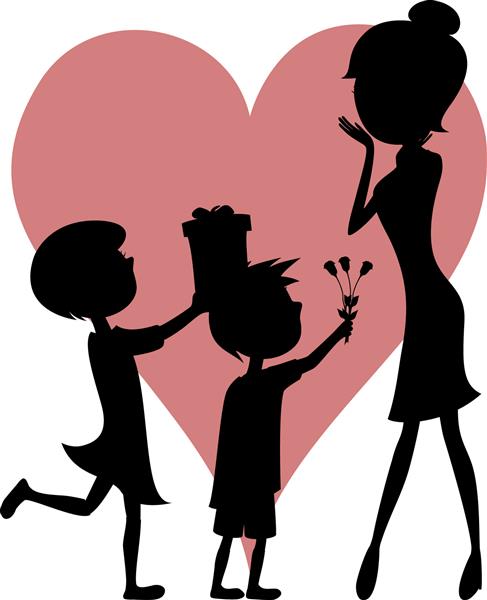 سورپرایز مامان هنری به سبک کارتونی با سیلوئت های مشکی دختر و پسر با موهای کوتاه که یک جعبه هدیه و یک دسته گل رز به مادرشان هدیه می دهند