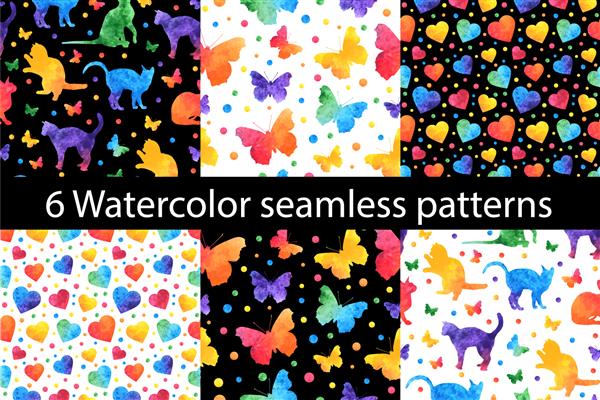 الگوی بدون درز آبرنگ رنگارنگ با پروانه ها گربه ها و قلب های زیبا تصویر برداری