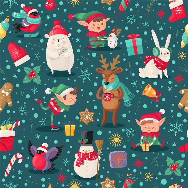الگوی بدون درز شخصیت های کریسمس طرح یاوران بابا نوئل آهو و آدم برفی جن و خرس قطبی برای تعطیلات کریسمس کودکانه زمستانی برای کاغذ دیواری پارچه و کاغذ بسته بندی بافت وکتور