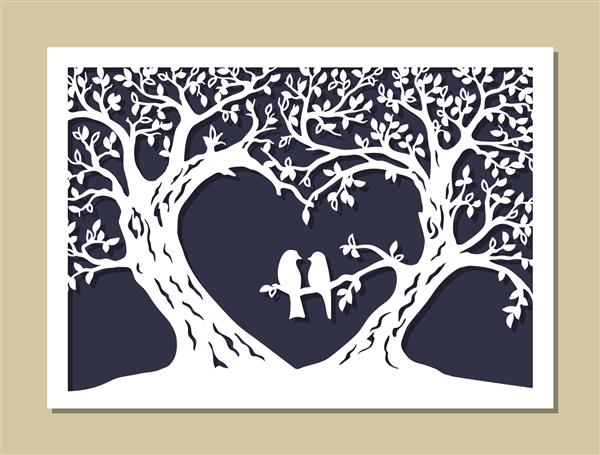 کارت ولنتاین شبح درختان درخت آرزوی عروسی به شکل قلب با پرنده زوج طرحی متفاوت برای شجره نامه شما قالب برش لیزری شابلون تصویر برداری برش قالب