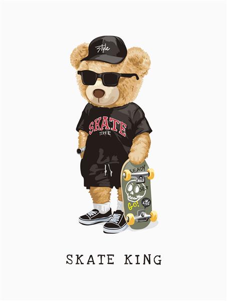 شعار پادشاه اسکیت با اسباب بازی خرس در تی شرت و تصویر اسکیت برد