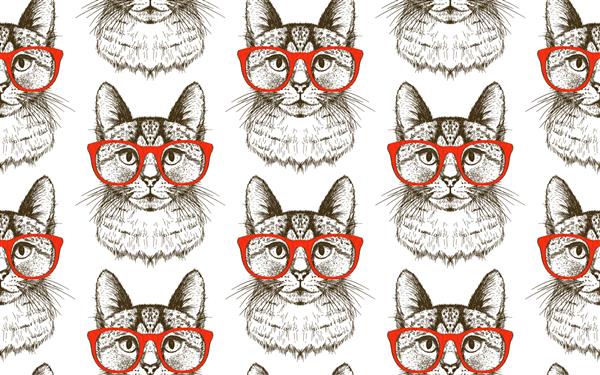 الگوی گرافیکی بدون درز با گربه هیپستر و عینک قرمز تصویر برداری دستی
