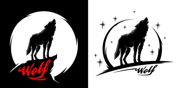 گرگ تنها نر آلفا سیاه با شبح ماه کامل تصویر طراحی گرافیکی حیوانات وحشی در شب مجموعه وکتور گرگ به سبک لاین آرت