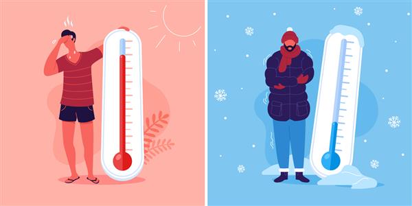 دماسنج های هواشناسی تصویر برداری گرما و سرما شخصیت های کارتونی در فصل تابستان و زمستان