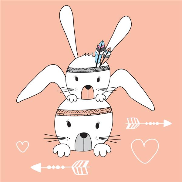 تصویر برداری وکتور خرگوش های هندی سفید زیبا طرح گرافیکی تی شرت برای بچه ها