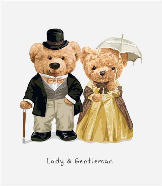 شعار خانم و آقا با زوج عروسک خرس در تصویر وکتور لباس به سبک ویکتوریایی