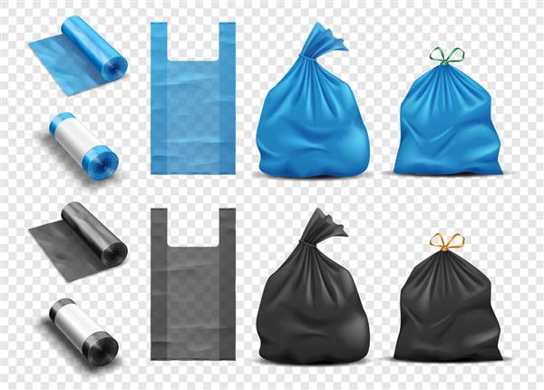 کیسه های پلاستیکی واقعی برای مجموعه زباله بسته زباله و زباله با دسته کیسه زباله پر و بسته یکبار مصرف رول تصویر برداری
