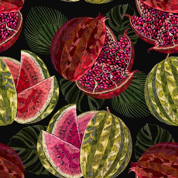 الگوی بدون درز میوه های هندوانه و انار گلدوزی هنر باغ تابستانی قالب مد برای لباس پارچه طراحی تی شرت