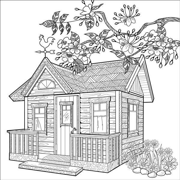 خانه زیبا با گل کتاب رنگ آمیزی ضد استرس برای کودکان و بزرگسالان تصویر جدا شده در پس زمینه سفید سبک درهم و برهم ذن نقاشی با دست
