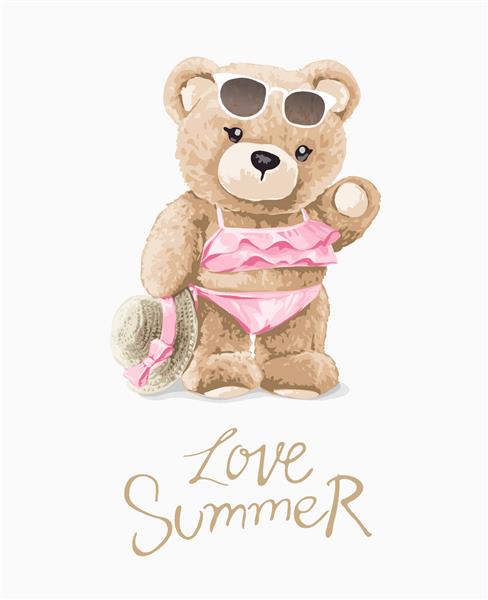 شعار تابستان عشق با عروسک خرس زیبا در تصویر برداری لباس شنای صورتی