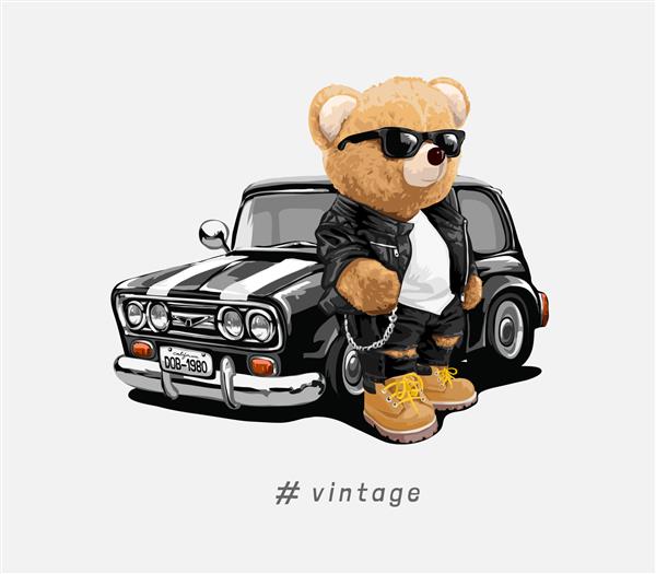 شعار قدیمی با عروسک خرس در عینک آفتابی با تصویر برداری ماشین قدیمی مشکی