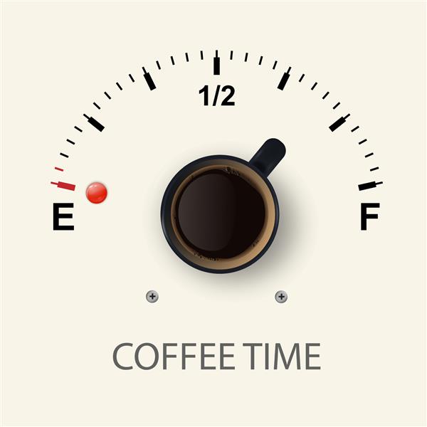 وقت قهوه وکتور لیوان سیاه سه بعدی واقع گرایانه با قهوه سیاه و نشانگر سوخت روی پس زمینه سفید بنر مفهومی با فنجان قهوه و عبارتی در مورد قهوه قالب طراحی نمای بالا