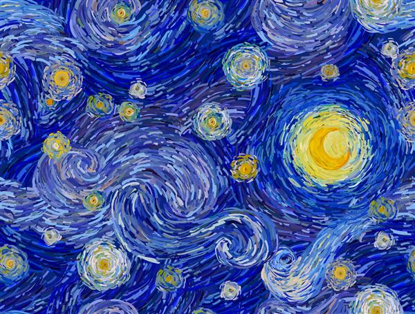 ماه درخشان در پس زمینه انتزاعی آسمان آبی الگوی وکتور بدون درز به سبک نقاشی های امپرسیونیستی