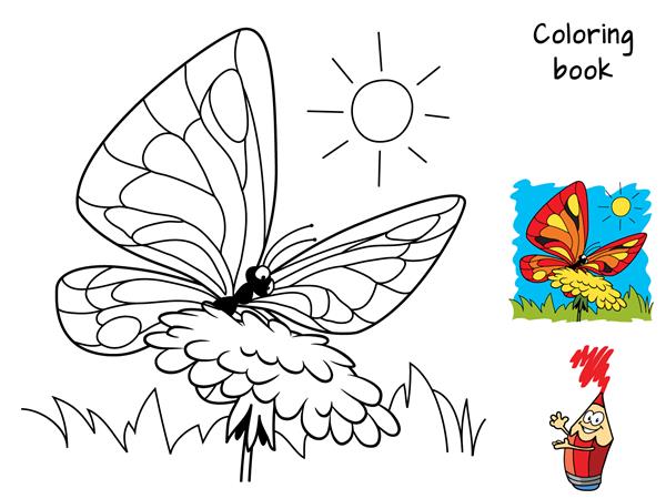 پروانه ای که روی گل نشسته است کتاب رنگ آمیزی تصویر برداری کارتونی