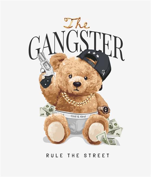 تصویر وکتور شعار گانگستری با عروسک خرس در لباس زیر که اسلحه در دست دارد