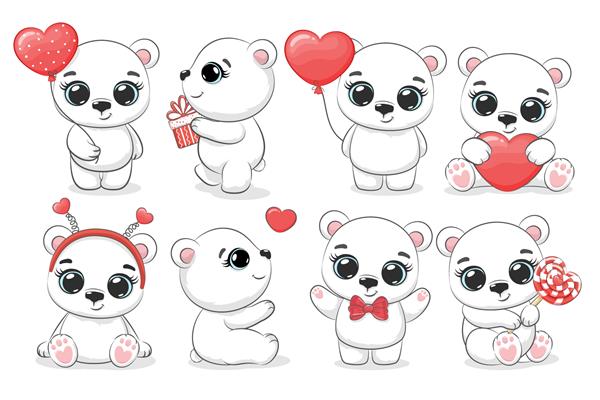 مجموعه ای از خرس های قطبی زیبا برای تعطیلات روز ولنتاین تصویر برداری کارتونی