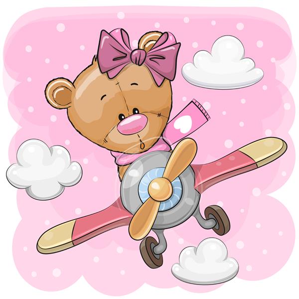 دختر کارتونی زیبای خرس عروسکی در حال پرواز در هواپیما در زمینه صورتی است