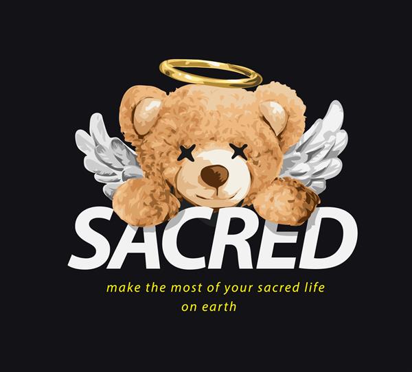 شعار مقدس با فرشته عروسک خرس با تصویر برداری هاله طلایی در پس زمینه مشکی