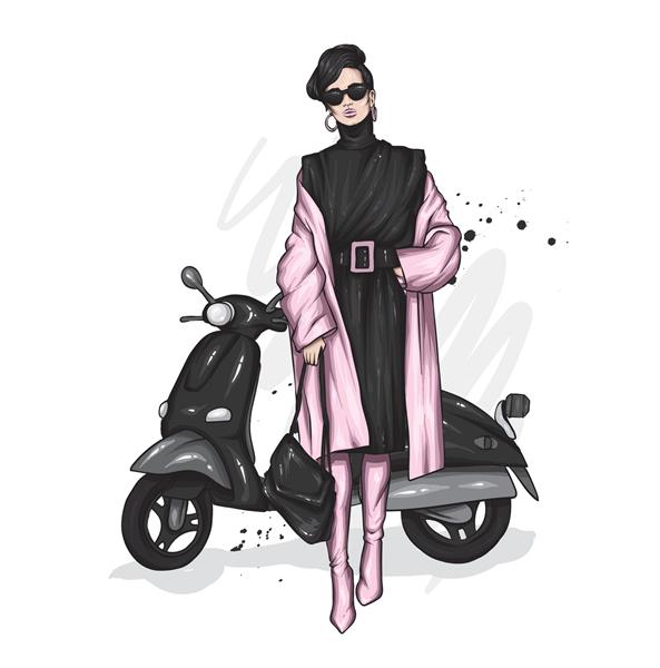 دختر زیبا سوار بر موتور سیکلت باحال دوچرخه سوار زن شیک پوش با عینک و کفش پاشنه بلند مد و استایل لباس و اکسسوری تصویر برداری برای کارت یا پوستر