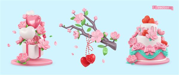 مجموعه اشیاء روز ولنتاین قلب گل هدیه کیک وکتور رندر واقع گرایانه سه بعدی