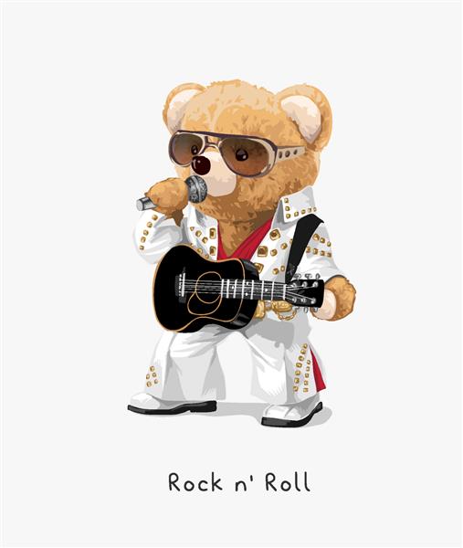 شعار راک اند رول با عروسک خرس که گیتار و تصویر برداری میکروفون در دست دارد