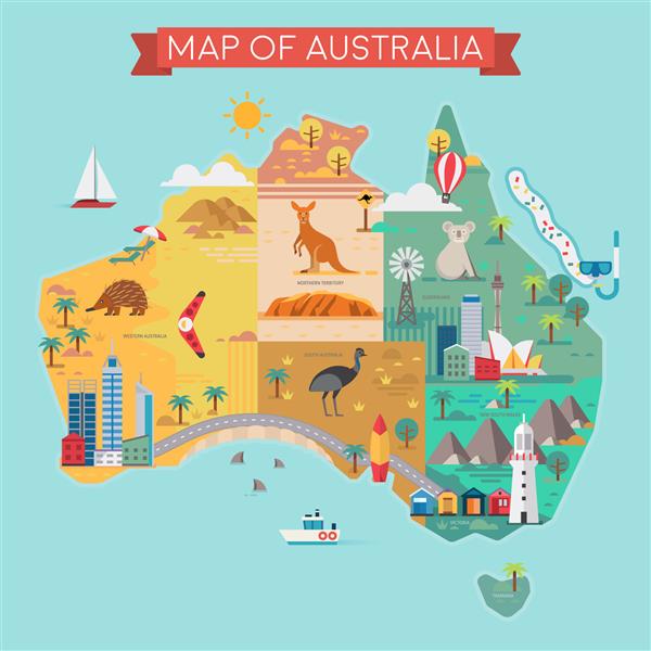 نقشه استرالیا نقشه با نام کشورها تصویر برداری