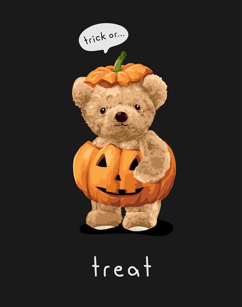 شعار با عروسک خرس ناز در تصویر وکتور کدو تنبل در پس زمینه مشکی را ترفند یا درمان کنید