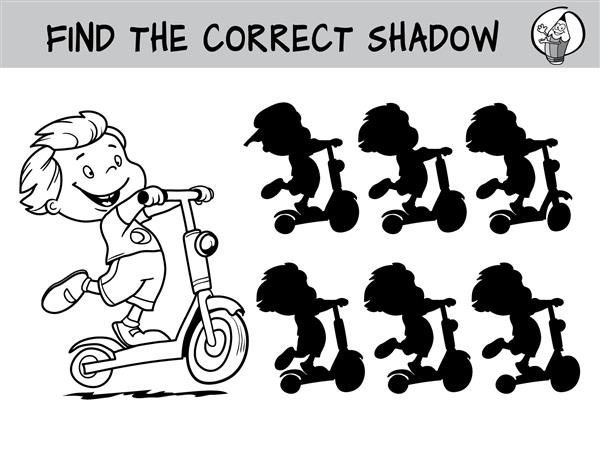 کودک اسکوتر سواری سایه مناسب را پیدا کنید بازی آموزشی برای کودکان تصویر برداری کارتونی سیاه و سفید