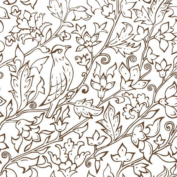الگوی بدون درز تزئینات گیاه شناسی شرقی ایرانی با گل و برگ و تصویر برداری پرنده زیبا