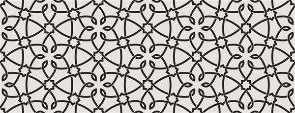 الگوی با عناصر گلدار و هندسی خطوط منحنی و مستقیم متقاطع پررنگ که زینت گل انتزاعی را تشکیل می دهند وکتور پس زمینه به سبک عربی مشبک تزئینی بدون درز برای لوور