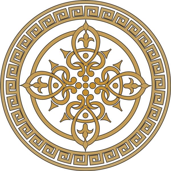 وکتور زیور آلات طلای یونانی گرد پیچ و خم در یک دایره الگوی دایره ای معماری روم باستان سکه ی طلا