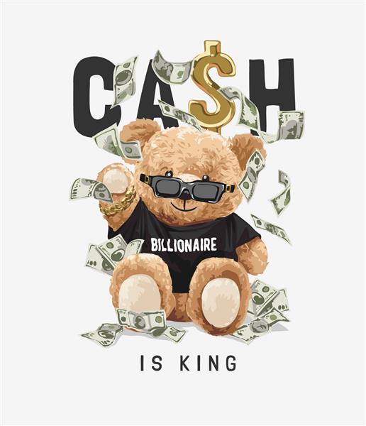 پول نقد شعار پادشاه است با اسباب بازی خرس در تصویر وکتور تی شرت میلیاردر سیاه