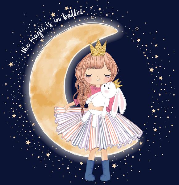 دختر شاهزاده خانم و خرگوش زیبا روی ماه تصویر برداری دستی