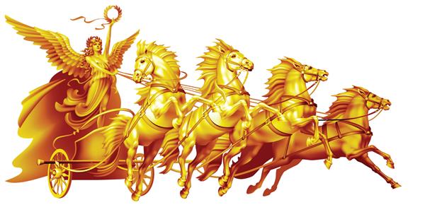 ارابه پیروزمندانه الهه پیروزی در نقش برجسته طلایی روی زمینه سفید