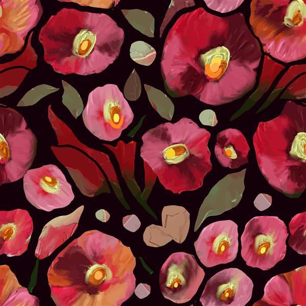 الگوی وکتور بدون درز رنگارنگ با گل‌ها و گیاهان وحشی انتزاعی خشخاش های تزئینی رنگی روی زمینه مشکی بافت وکتور گل چاپ
