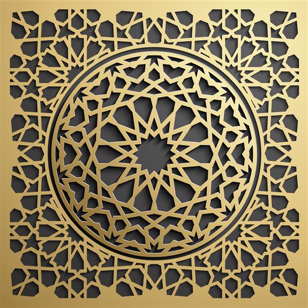 کارت تبریک ماه مبارک رمضان کریم طرح اسلیمی دایره ای طلا بر روی زیور سیاه ماندالای درخشان زیبا