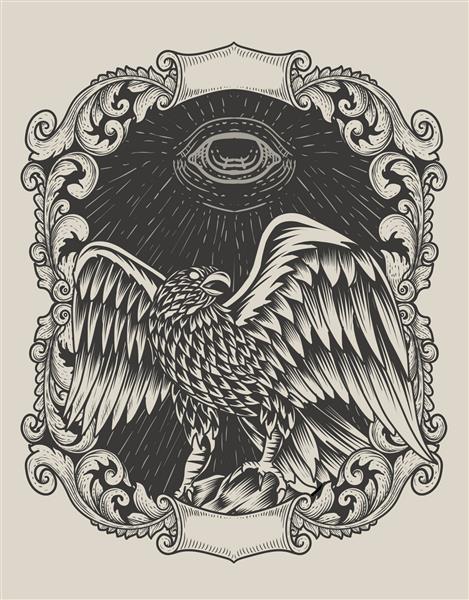 تصویر پرنده عقاب با تزئینات حکاکی قدیمی