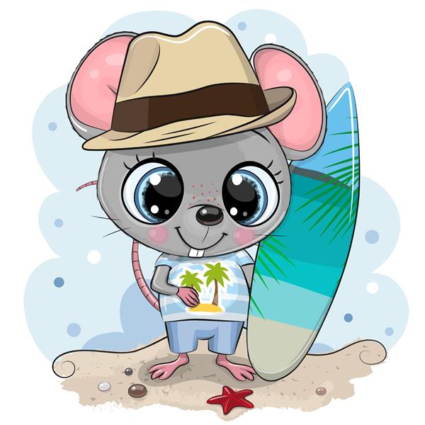 کارتونی زیبا پسر موش با تخته موج سواری در ساحل