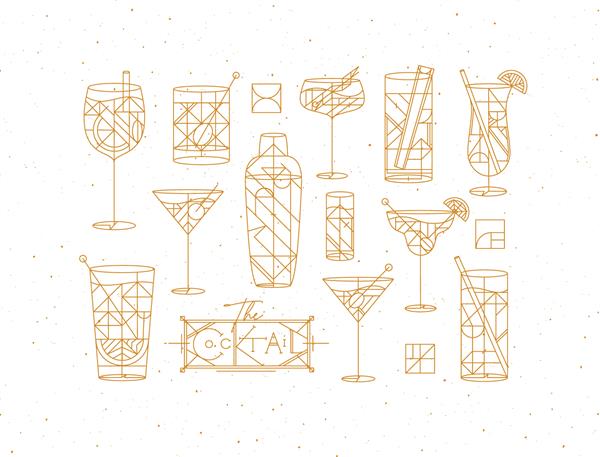طراحی کوکتل های آرت دکو به سبک خط طلایی در زمینه سفید