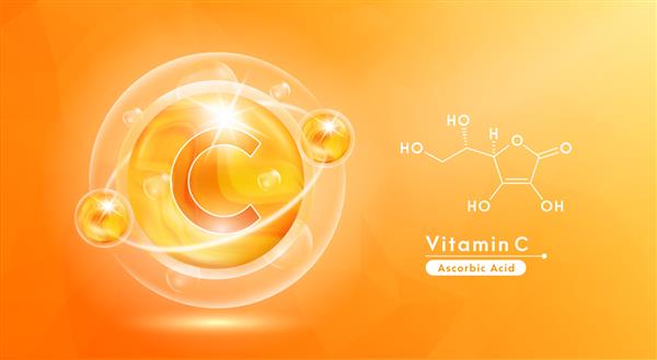 ویتامین C پرتقال و ساختار فرمول شیمیایی قرص ویتامین ها و سرم کلاژن حباب دار طراحی مراقبت از پوست تغذیه درمان زیبایی مفاهیم پزشکی و علمی وکتور سه بعدی EPS10