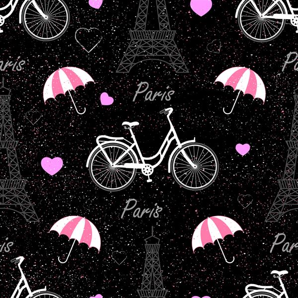 الگوی بدون درز فرانسوی چاپ با برج ایفل دوچرخه چتر قلب و اسپری