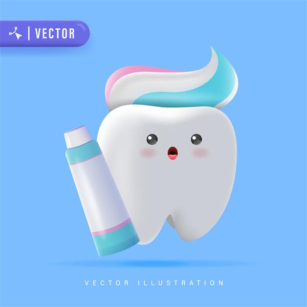 تصویر سه بعدی کارتون کارتونی زیبا با خمیر دندان در بالا طراحی قالب پوستر آیکون دندان شاد و سالم برای کلینیک دندانپزشکی کودکان مفهوم بهداشت دندان