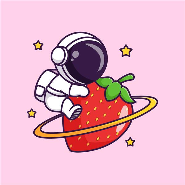 فضانورد زیبا در آغوش توت فرنگی میوه سیاره کارتونی نماد وکتور تصویر نماد علم میوه مفهوم بردار ممتاز جدا شده سبک کارتونی تخت