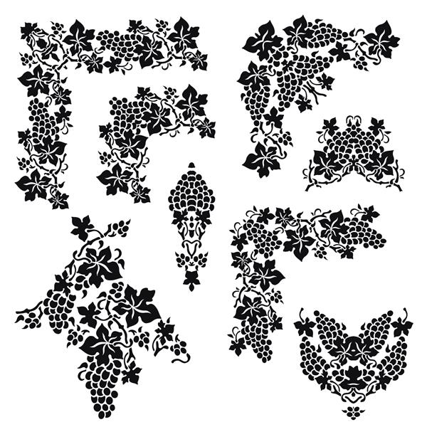گوشه قالب سیاه و سفید با انگور نقاشی و استنسیل برای طراحی مرزهای دکو مجموعه وکتور 8