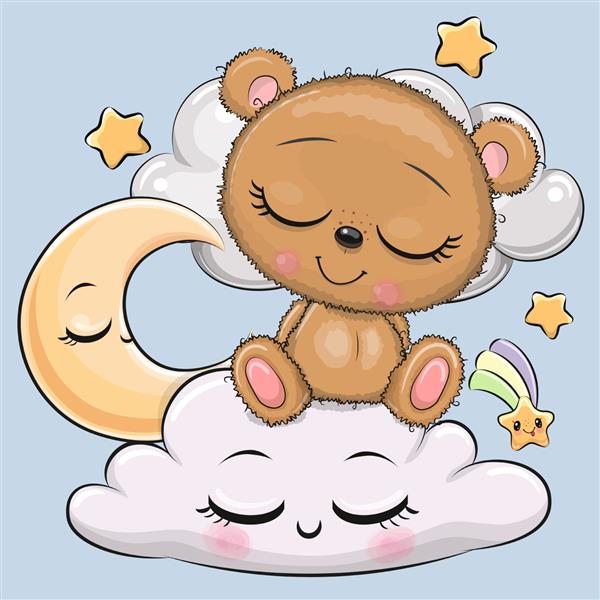 کارتونی ناز خرس عروسکی در حال خوابیدن روی ابر است